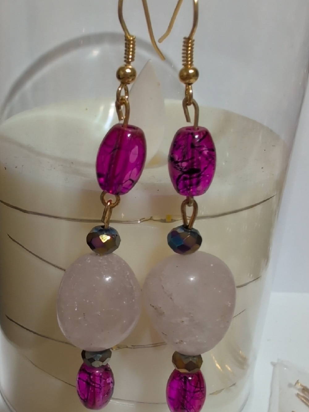 NWOT Handmade Gold-Tone Pink Stone Drop Earrings - Picture 2 of 5
